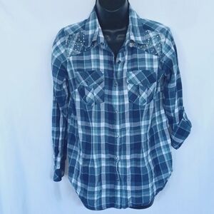 Overdrive Western Blue Plaid Cotton Snap closure Shirt, cowgirl